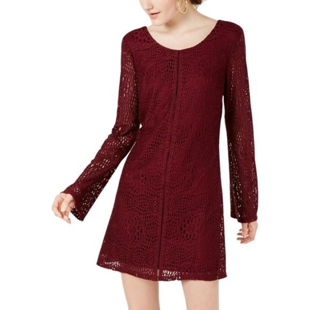 SPEECHLESS Burgundy Eyelet LS Mini Dress - XXS